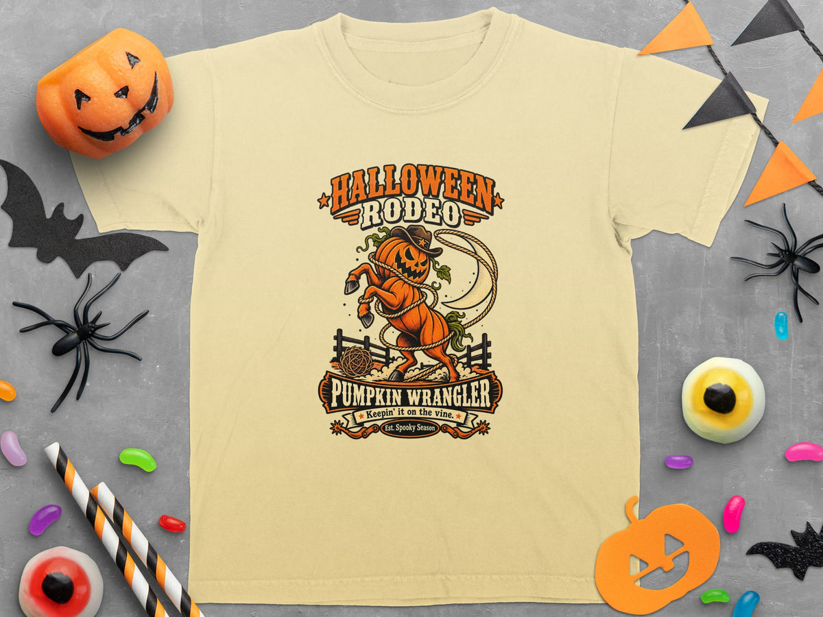Light yellow t-shirt with "Halloween Rodeo Pumpkin Wrangler" graphic.