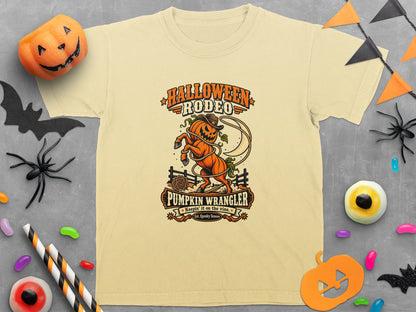 Light yellow t-shirt with "Halloween Rodeo Pumpkin Wrangler" graphic.