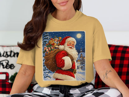 Santa Claus with a sack of toys in a snowy, moonlit village scene.