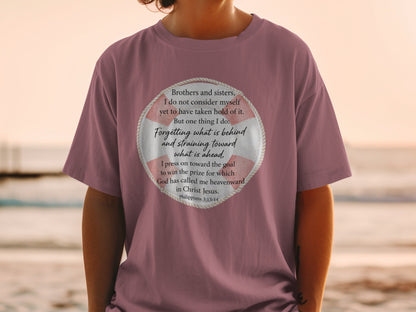T-shirt with a life preserver graphic and Philippians 3:13-14 Bible verse.