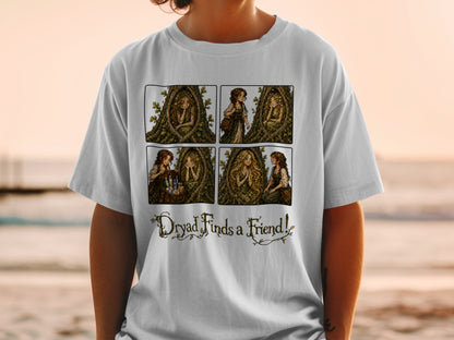 Comic strip of a dryad in a tree finding a friend, with text "Dryad Finds a Friend!".