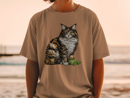 A person wearing a tan t-shirt with an illustration of a fluffy cat and a small alligator wearing a cowboy hat.