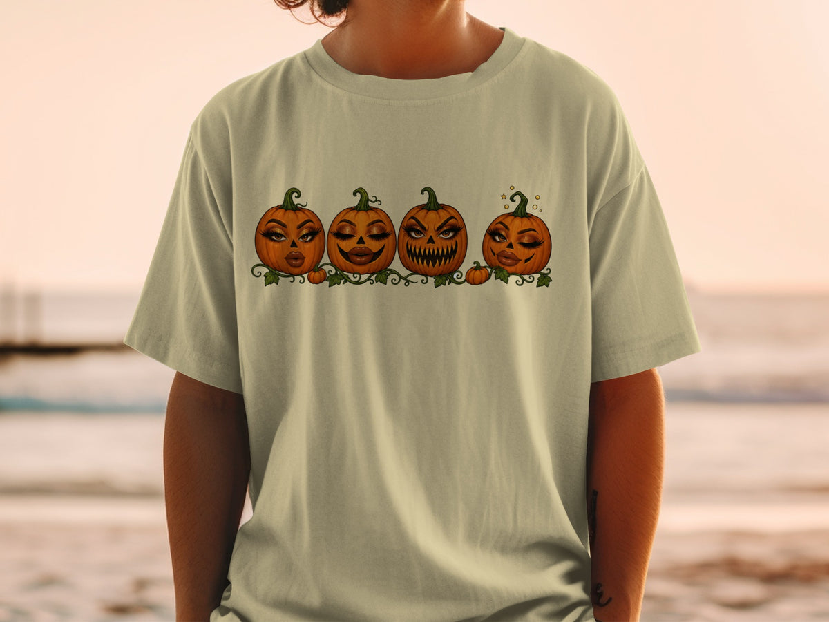 Four cartoon pumpkins with dramatic makeup and faces arranged in a row.