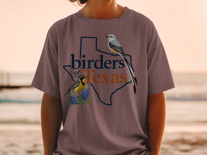 Texas outline with birds and "birders of Texas" text on a shirt.
