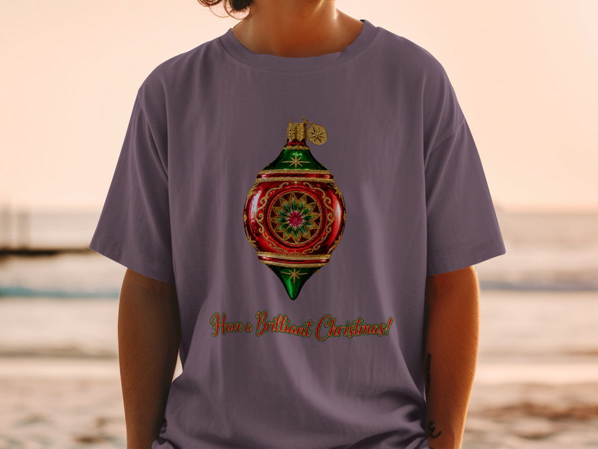 T-shirt with red and green Christmas ornament and text "Have a Brilliant Christmas!"