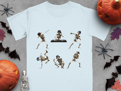 Light blue t-shirt with six dancing skeletons graphic featuring a DJ.