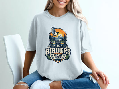 Birders Ready When It Starts graphic with binoculars, bird, and mountain scene.