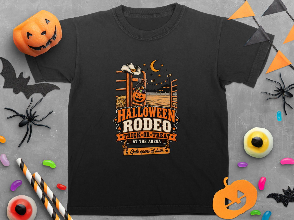 Black t-shirt with Halloween Rodeo trick-or-treat design featuring a pumpkin and cowboy hat.