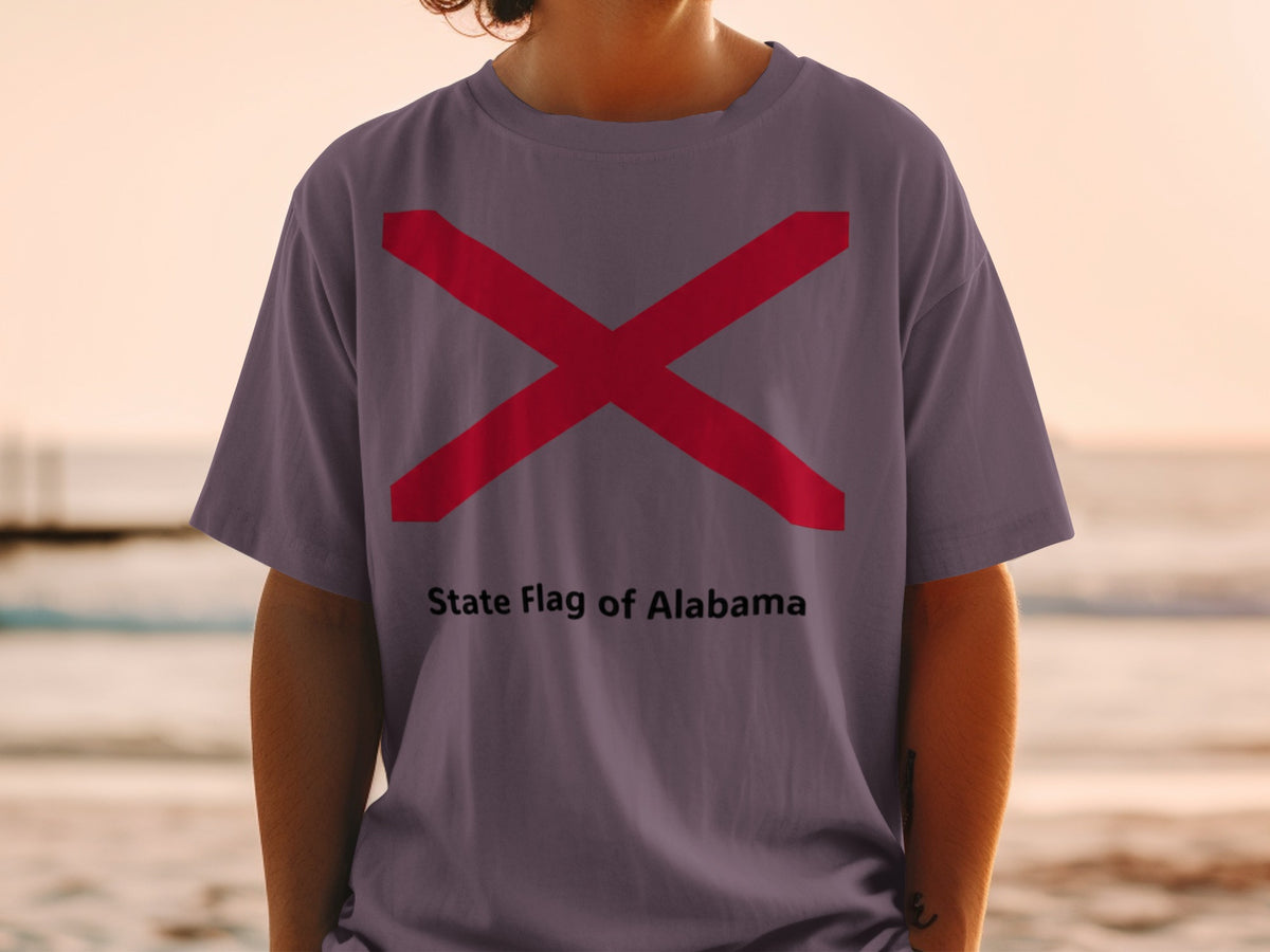 T-shirt with the State Flag of Alabama design and text.