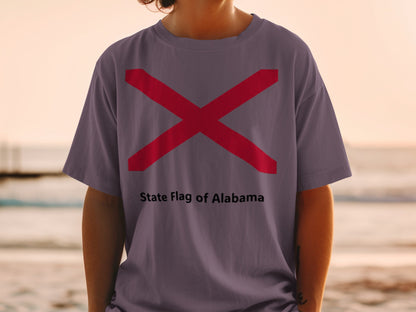 T-shirt with the State Flag of Alabama design and text.