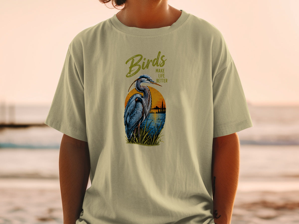 T-shirt with a heron graphic and text that reads "Birds Make Life Better."