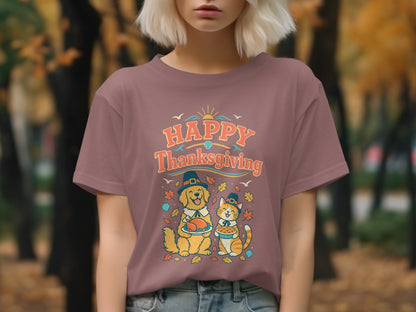 Happy Thanksgiving text with a dog holding turkey and a cat holding pie.
