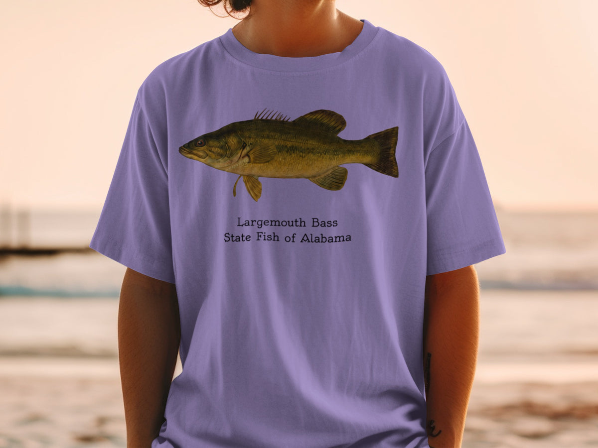 Largemouth bass illustration on a purple t-shirt, state fish of Alabama.