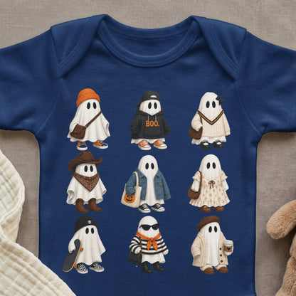 Nine illustrated ghosts in various outfits, including a hoodie with "BOO."