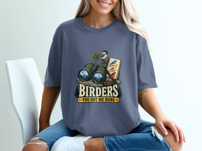 Binoculars and bird sketches with text "Birders, You Got Me Here".