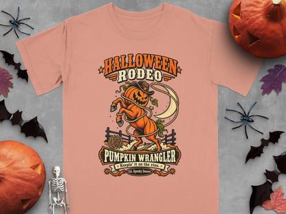 Halloween Rodeo Pumpkin Wrangler t-shirt with jack-o-lantern horse graphic.