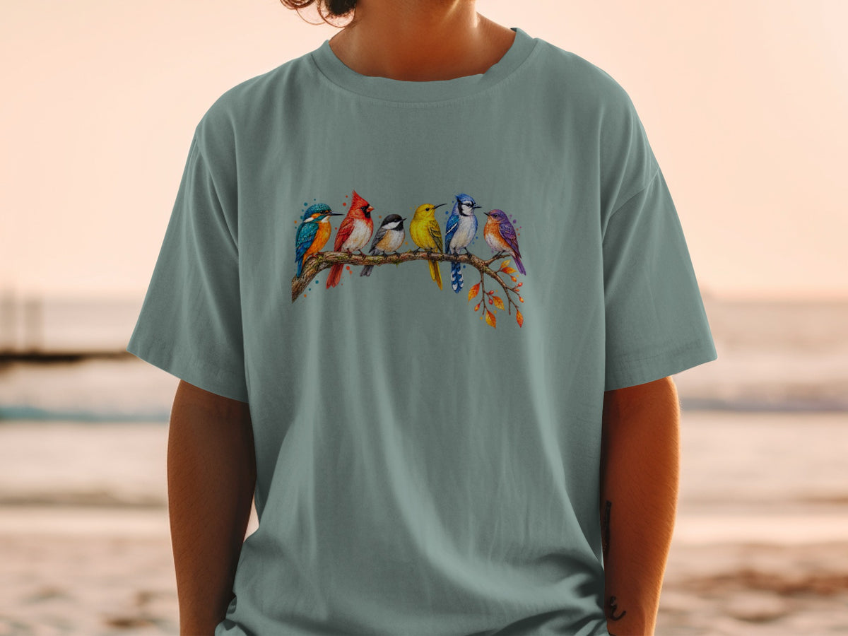 Six colorful watercolor birds perched on a tree branch with autumn leaves.