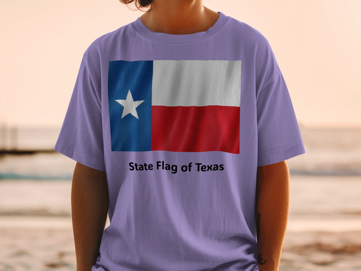 Lavender t-shirt with the State Flag of Texas graphic and text.
