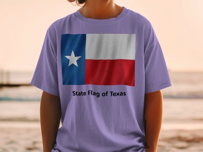 Lavender t-shirt with the State Flag of Texas graphic and text.