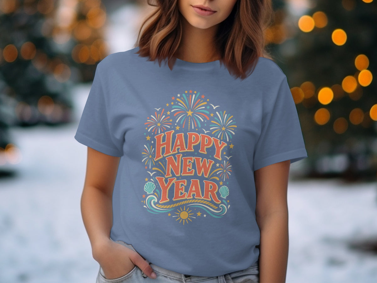 Blue t-shirt with "Happy New Year" text and fireworks graphic.