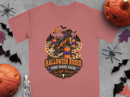 T-shirt with Halloween Rodeo graphic: spooky barrel racing, turn tight, run fast.