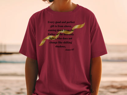 Maroon t-shirt with text "Every good and perfect gift is from above" and "James 1:17".