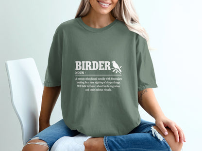 Green t-shirt with "Birder Noun" and bird-watching description.
