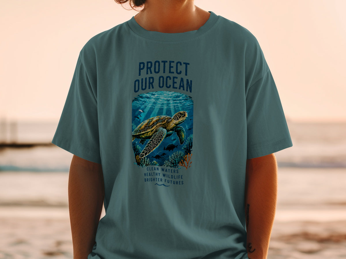 T-shirt with "Protect Our Ocean" text and sea turtle graphic.