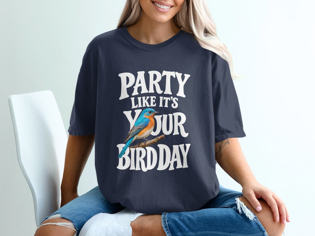 Navy t-shirt with "PARTY LIKE IT'S YOUR BIRTHDAY" and a blue bird graphic.