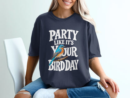 Navy t-shirt with "PARTY LIKE IT'S YOUR BIRTHDAY" and a blue bird graphic.