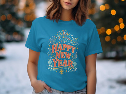 Blue t-shirt with "Happy New Year" text and fireworks graphic.