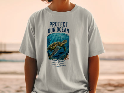 Gray t-shirt with "Protect Our Ocean" text and sea turtle graphic.