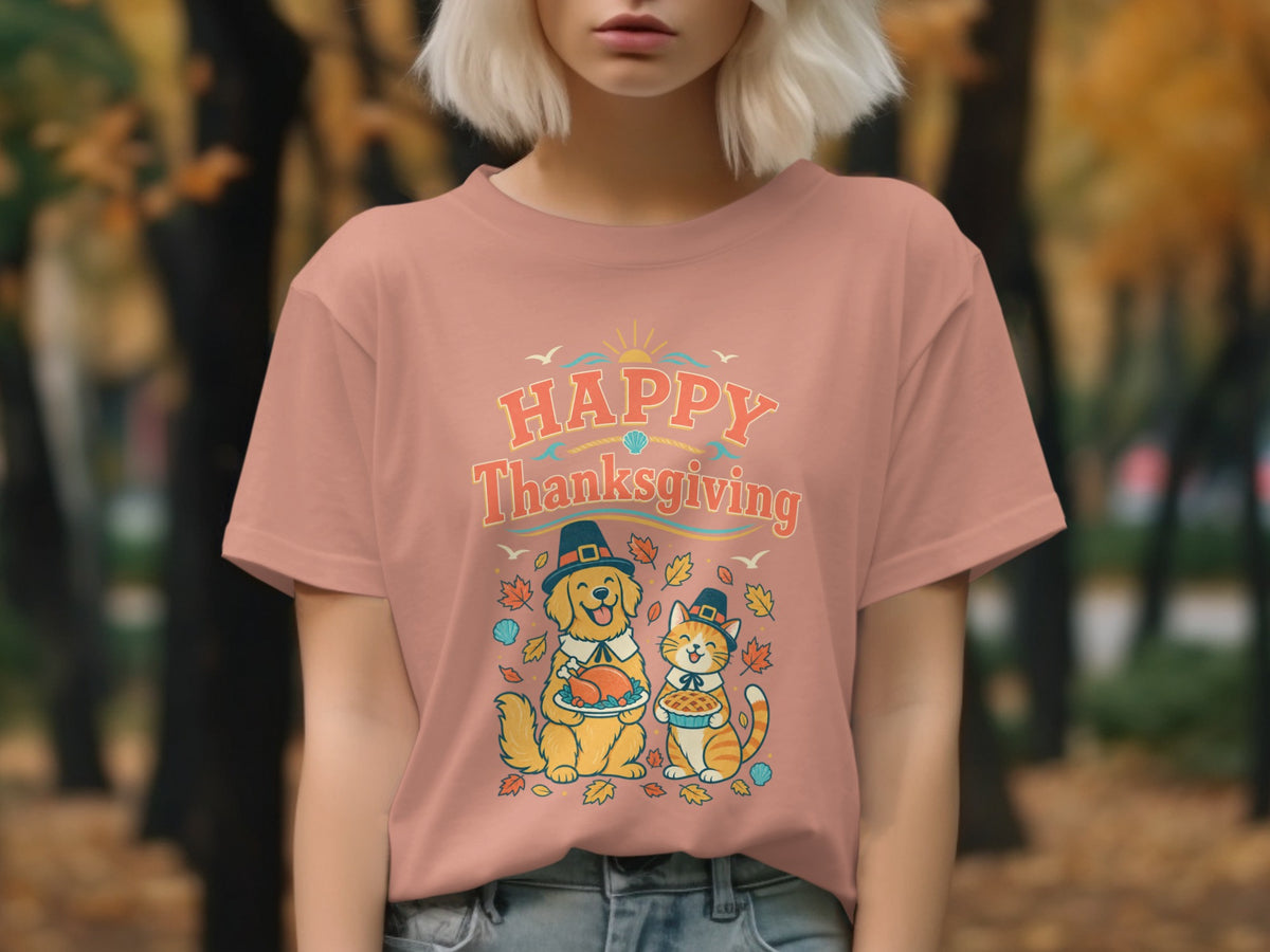 Dog and cat in pilgrim hats with Thanksgiving turkey and pie.