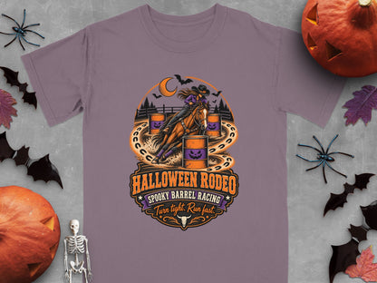 Halloween Rodeo graphic with cowgirl barrel racing, spooky text, bats, and pumpkins.