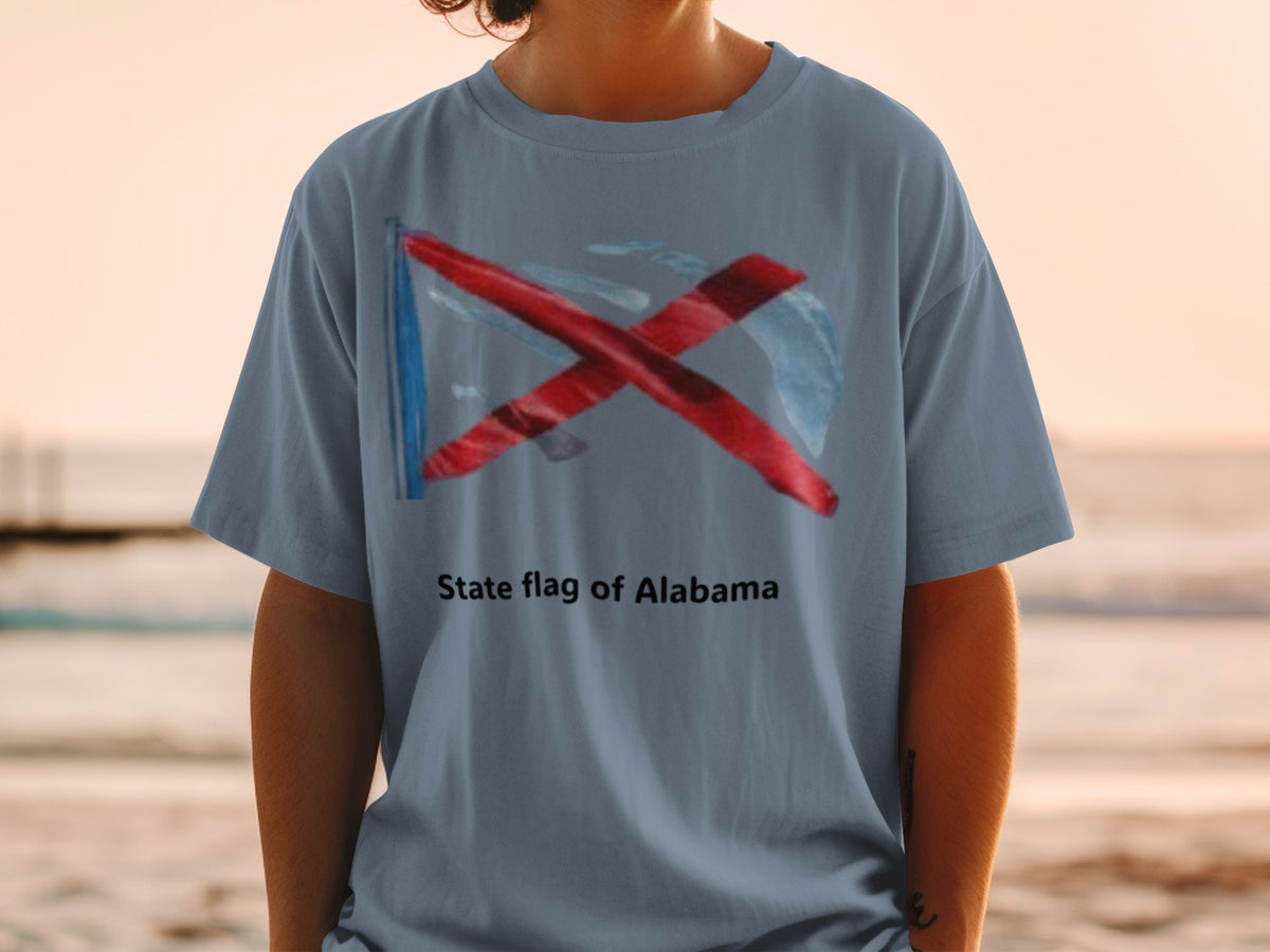 T-shirt with Alabama state flag graphic and text.