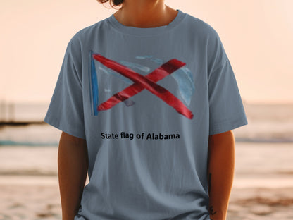 T-shirt with Alabama state flag graphic and text.