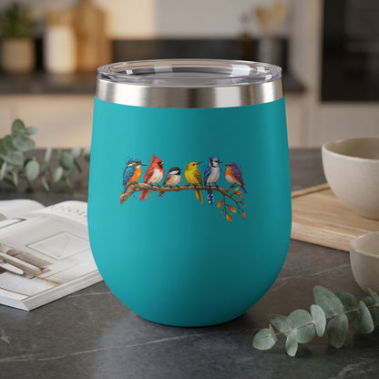 Teal tumbler with a watercolor-style illustration of six birds perched on a branch.