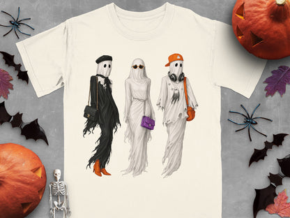 Three ghosts in fashion, one with a beret, another with sunglasses, and one with headphones.