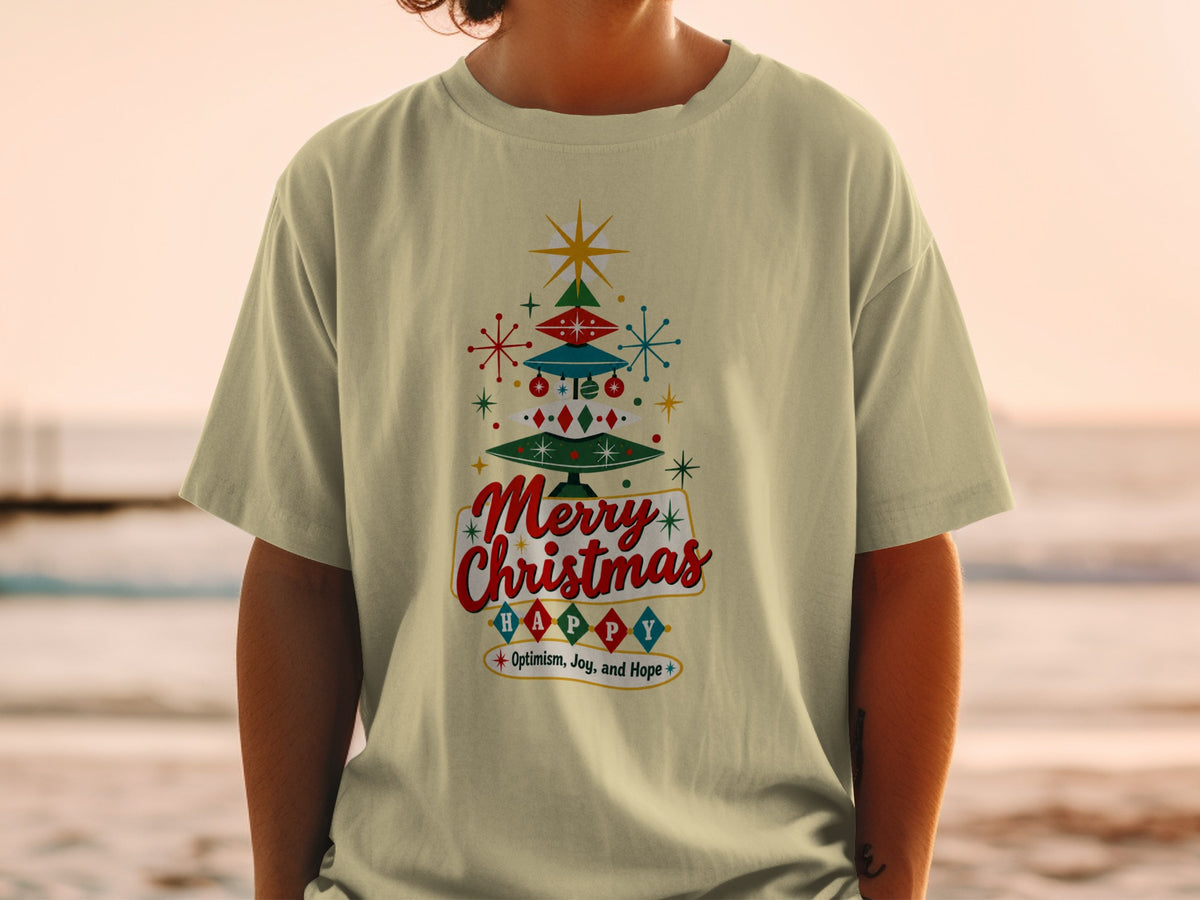 Cream t-shirt with retro Christmas tree graphic and "Merry Christmas Happy" text.