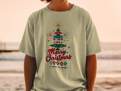 Cream t-shirt with retro Christmas tree graphic and "Merry Christmas Happy" text.
