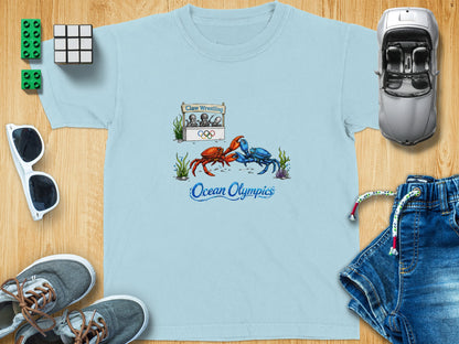Light blue t-shirt with crabs wrestling under a "Claw Wrestling" sign.