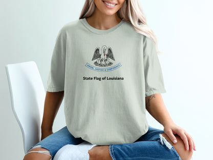 T-shirt features the Louisiana state flag with pelican and motto "Union, Justice & Confidence".