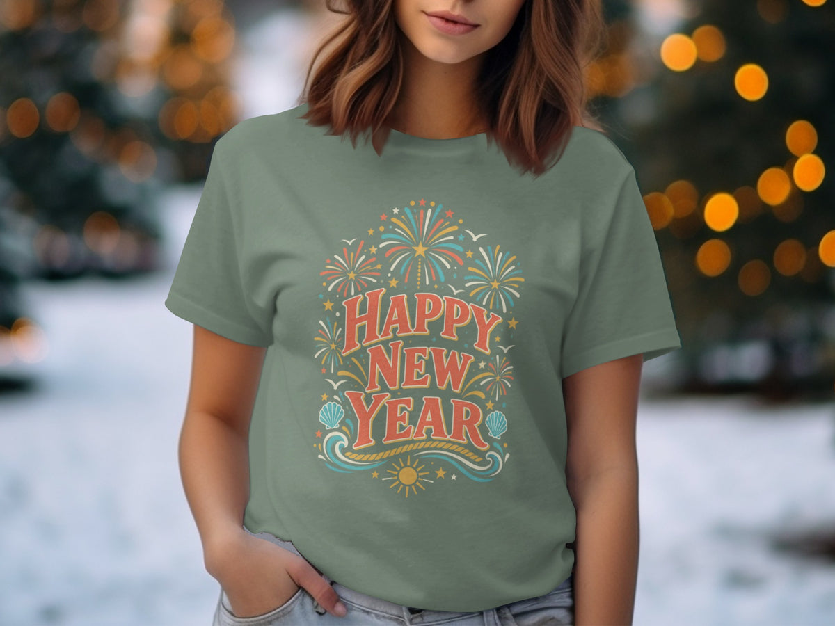 T-shirt with "Happy New Year" text, fireworks, sun, waves, and seashells design.