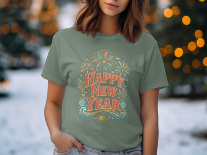 T-shirt with "Happy New Year" text, fireworks, sun, waves, and seashells design.