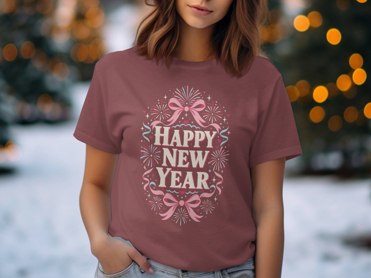 Maroon t-shirt with "Happy New Year" text and festive graphics.