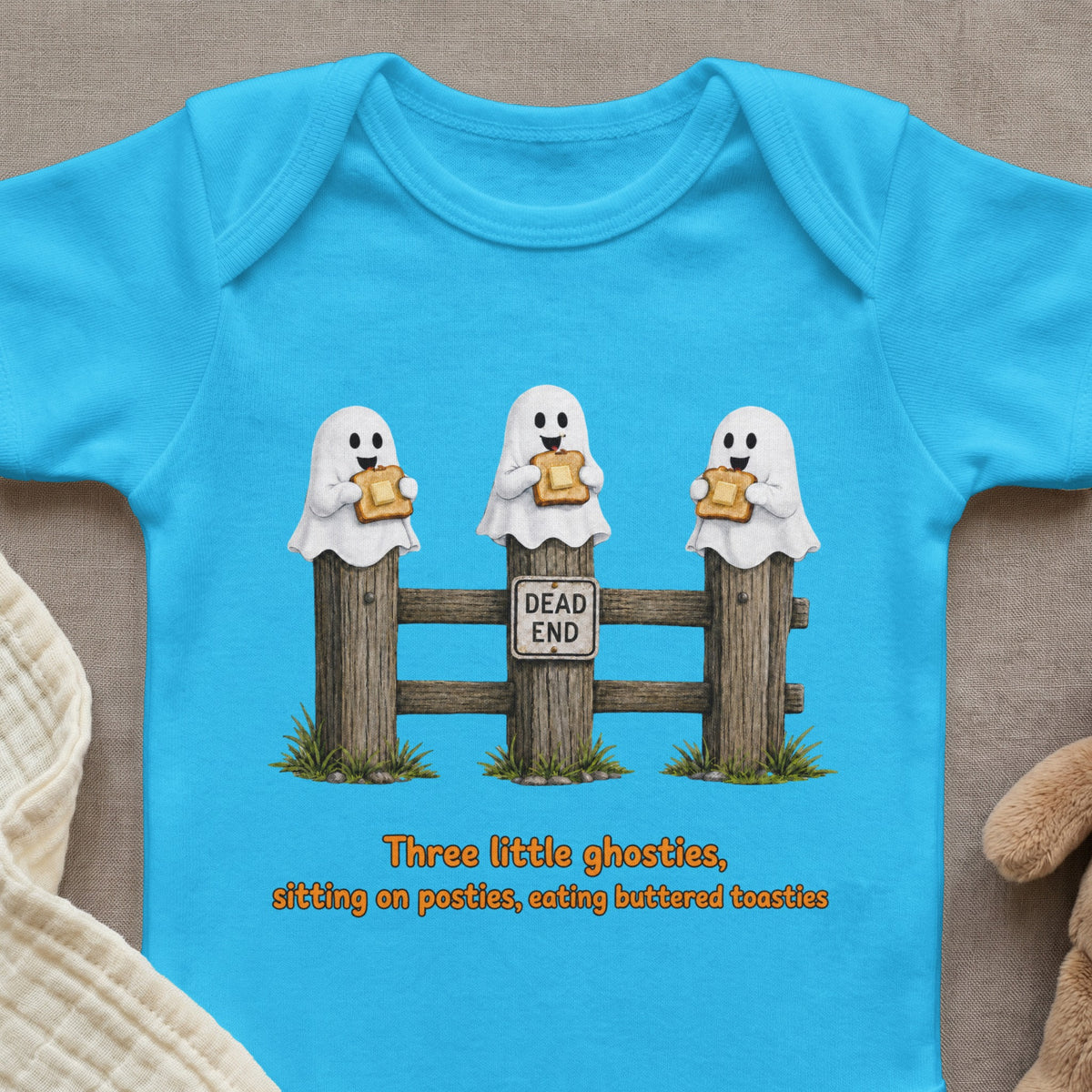 Three little ghosties sitting on posties eating buttered toasties with a "Dead End" sign.
