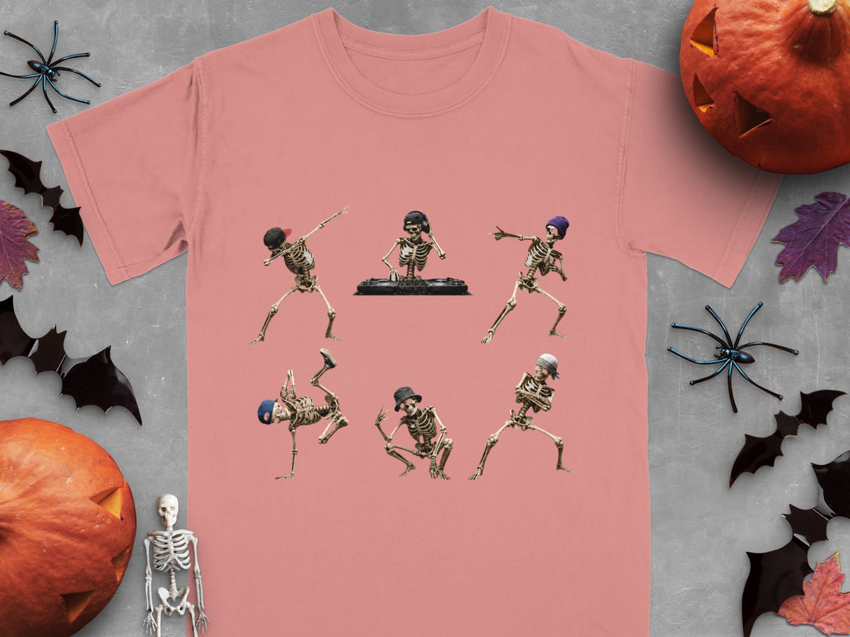 T-shirt with skeletons dancing and a DJ, with Halloween decorations.