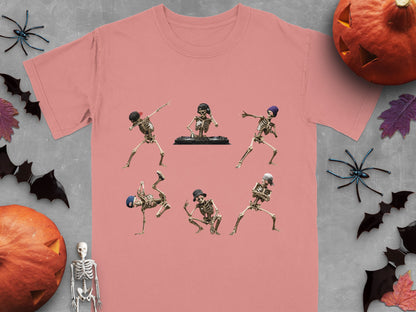 T-shirt with skeletons dancing and a DJ, with Halloween decorations.