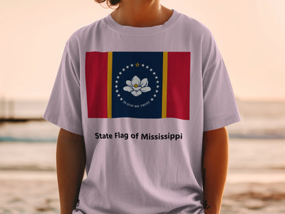 T-shirt with the Mississippi State Flag and text "State Flag of Mississippi".