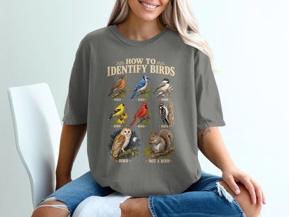 Graphic design of birds and a squirrel with text "How to Identify Birds"